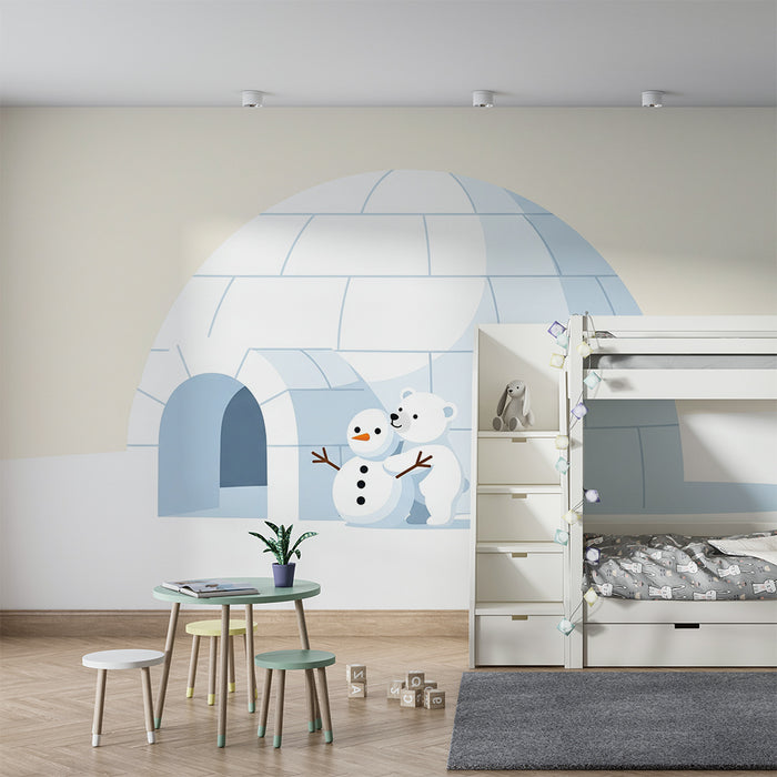 Barnrumspapper | Isbjörn och snögubbe framför en igloo
