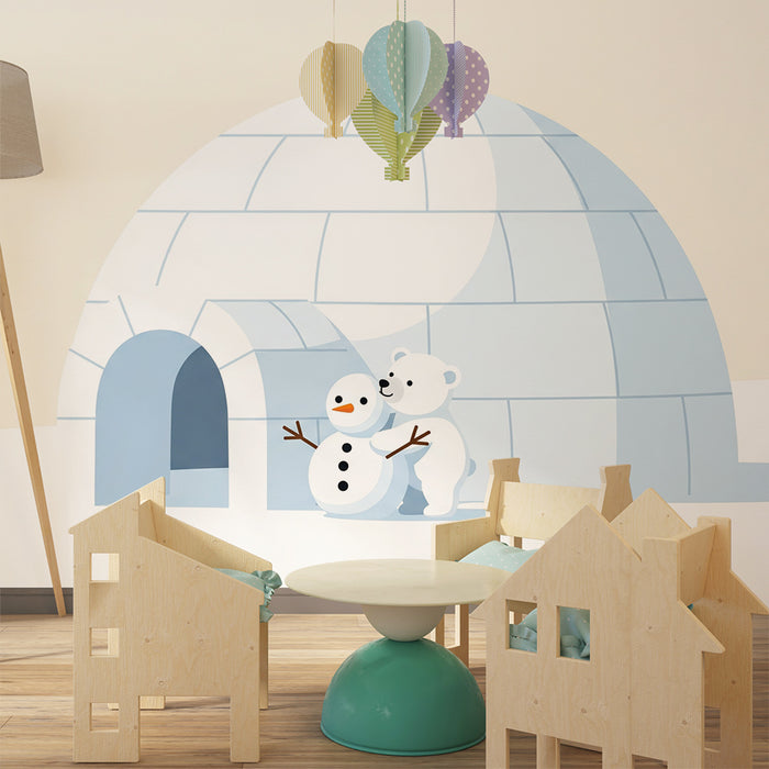 Barnrumspapper | Isbjörn och snögubbe framför en igloo