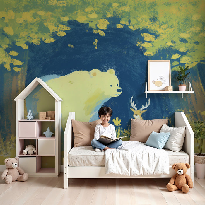 Papier peint chambre enfant | Ours polaire et cerf dans une forêt enchantée