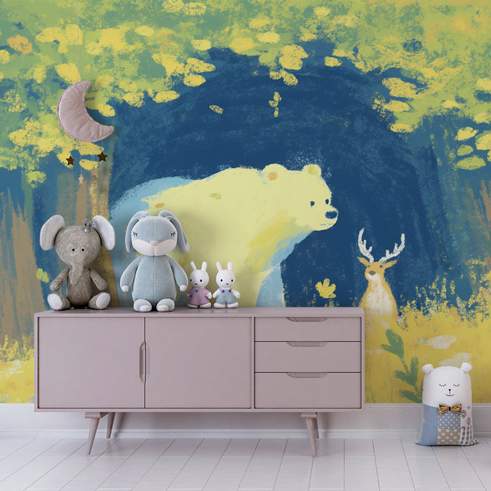 Papier peint chambre enfant | Ours polaire et cerf dans une forêt enchantée