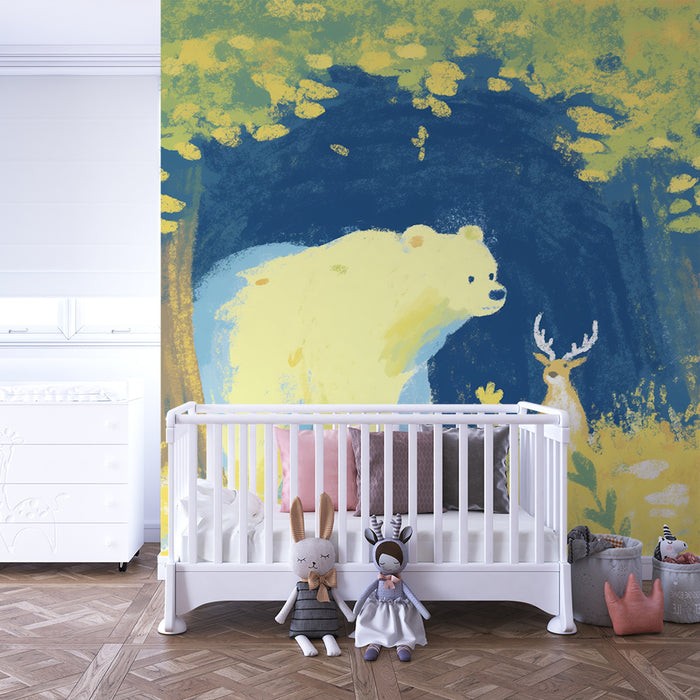 Papier peint chambre enfant | Ours polaire et cerf dans une forêt enchantée