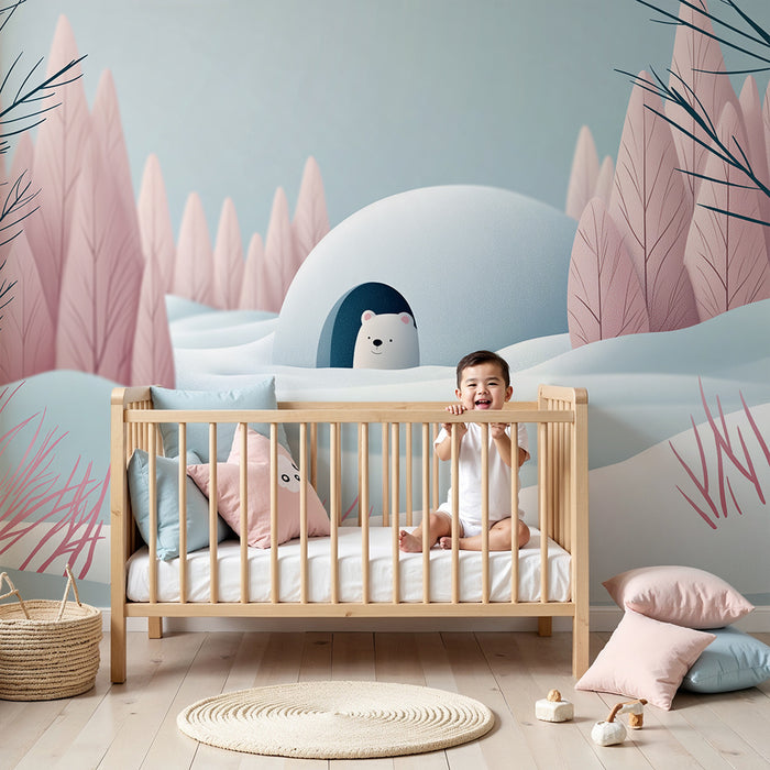 Kinderzimmer Tapete | Eisbär und Iglu in einer sanften Winterlandschaft