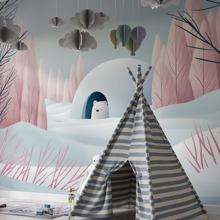 Kinderzimmer Tapete | Eisbär und Iglu in einer sanften Winterlandschaft