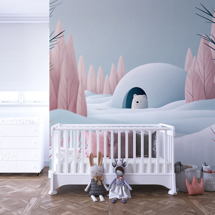 Kinderzimmer Tapete | Eisbär und Iglu in einer sanften Winterlandschaft