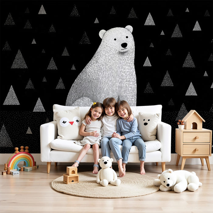 Kinderzimmer Tapete | Eisbär und geometrische Berge in Schwarz-Weiß