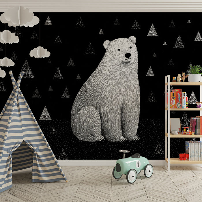 Kinderzimmer Tapete | Eisbär und geometrische Berge in Schwarz-Weiß