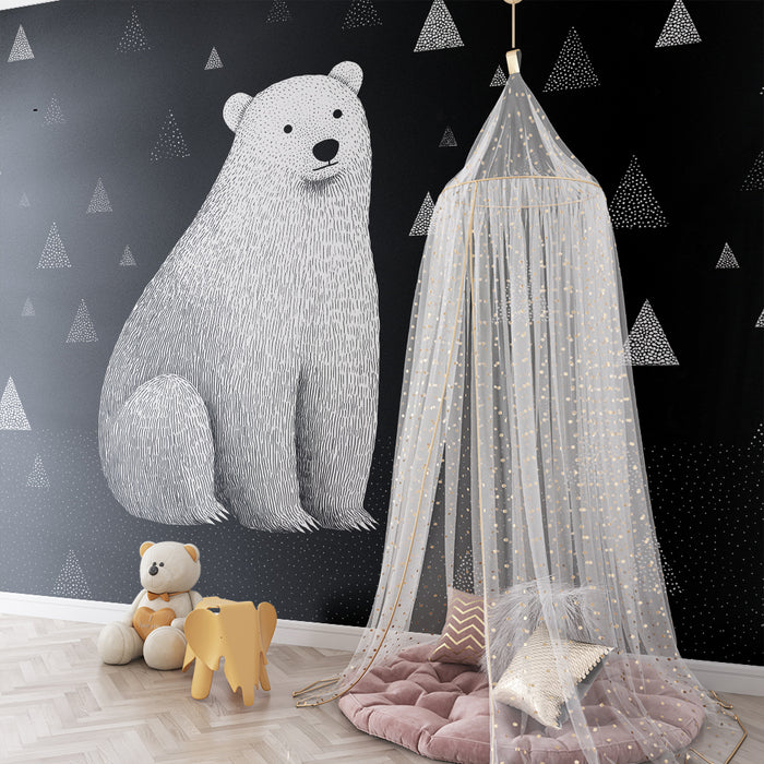 Kinderzimmer Tapete | Eisbär und geometrische Berge in Schwarz-Weiß