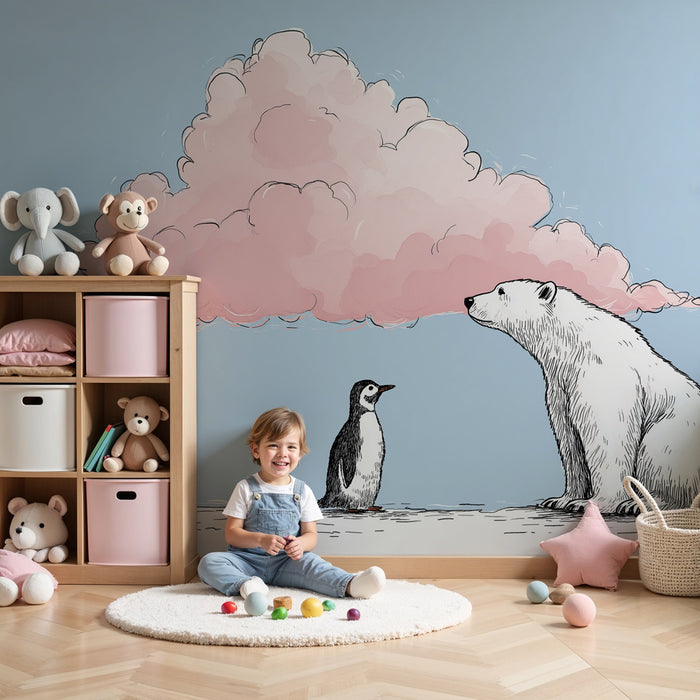 Papel pintado infantil | Oso polar y pingüino bajo una nube rosa
