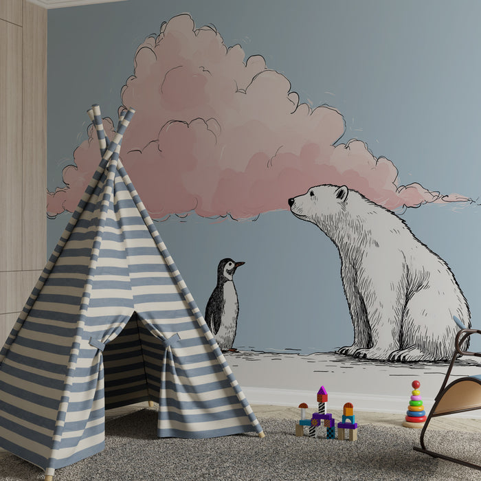 Papel pintado infantil | Oso polar y pingüino bajo una nube rosa
