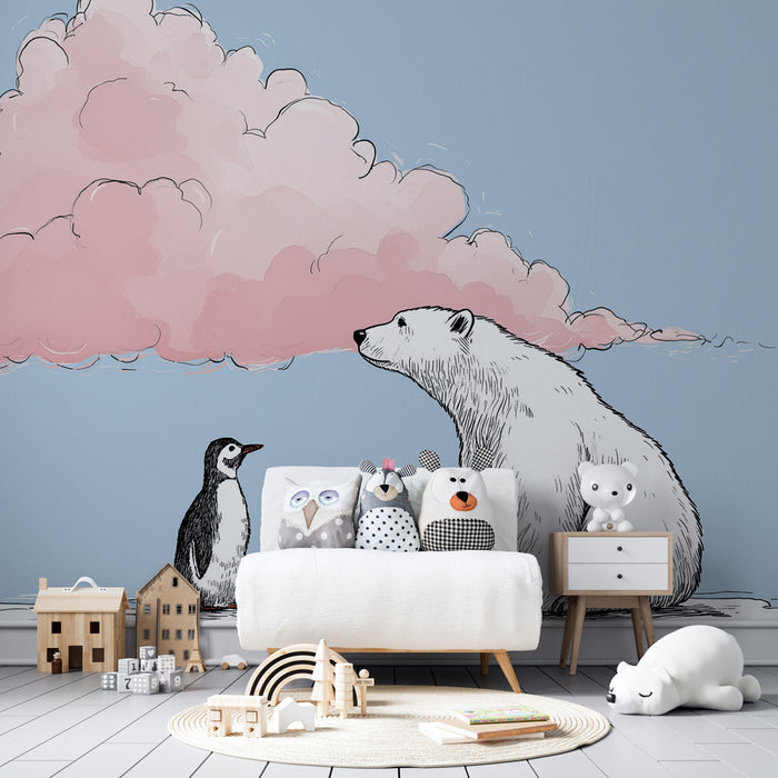 Papel pintado infantil | Oso polar y pingüino bajo una nube rosa