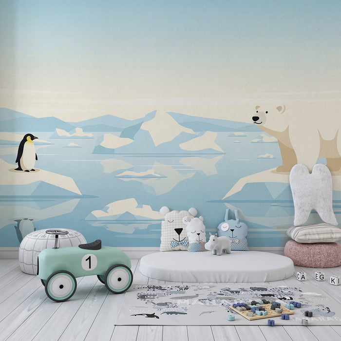Papier peint chambre enfant | Ours polaire et pingouin sur un iceberg