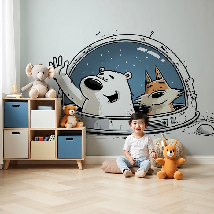 Kids room wallpaper | Polar bear and fox on a space adventure