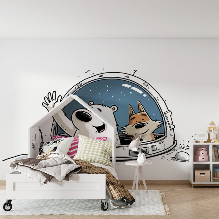 Kids room wallpaper | Polar bear and fox on a space adventure