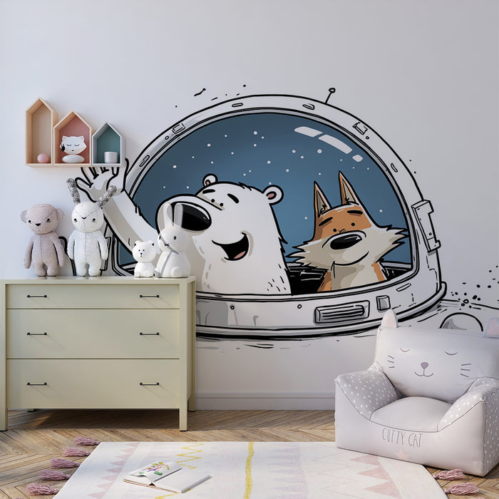 Kids room wallpaper | Polar bear and fox on a space adventure