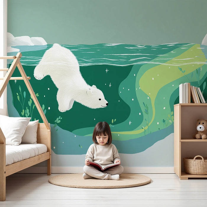 Kids room wallpaper | Polar bear swimming underwater with aquatic patterns