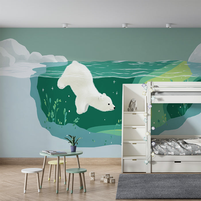 Kids room wallpaper | Polar bear swimming underwater with aquatic patterns