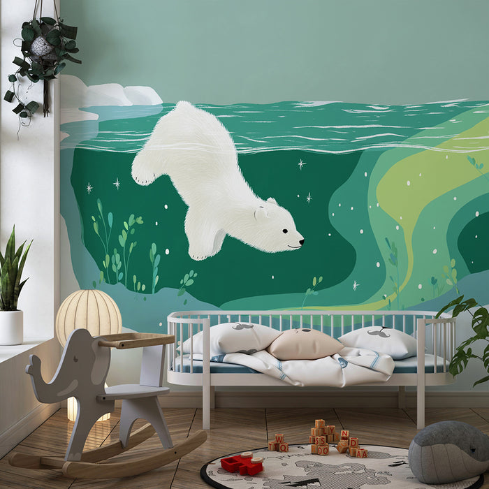 Kids room wallpaper | Polar bear swimming underwater with aquatic patterns