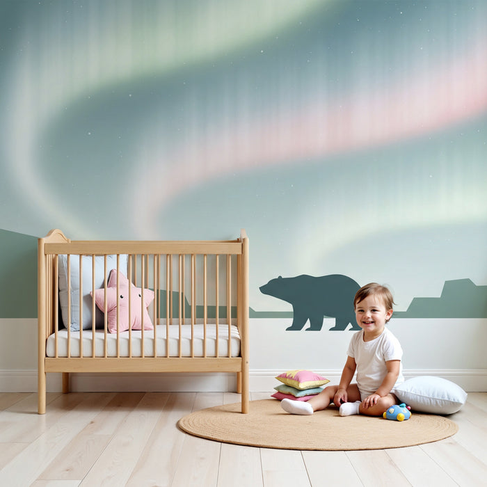Papier peint chambre enfant | Ours polaire sous les aurores boréales