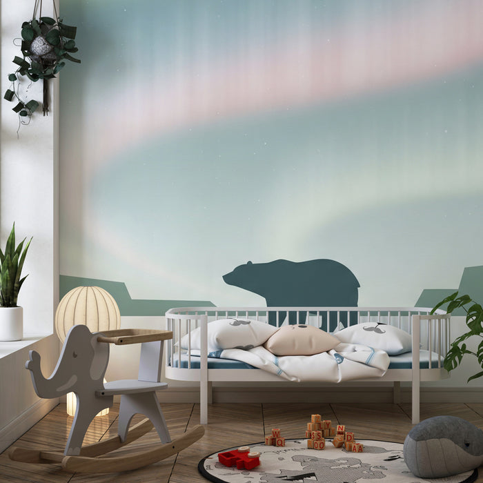 Papier peint chambre enfant | Ours polaire sous les aurores boréales