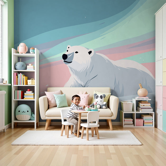 Tapet pentru camera copilului | Urs polar sub aurorele boreale în pastel