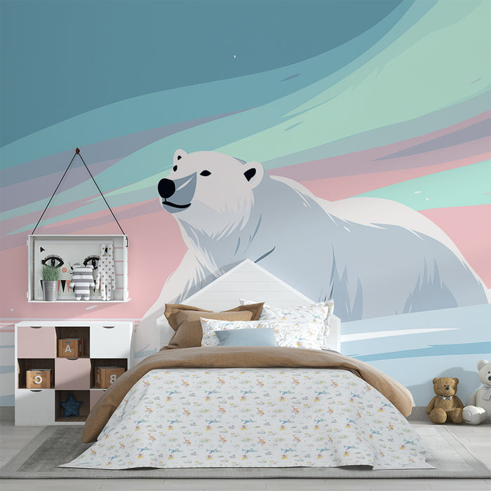 Tapet pentru camera copilului | Urs polar sub aurorele boreale în pastel