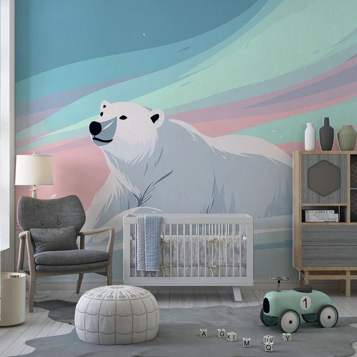 Tapet pentru camera copilului | Urs polar sub aurorele boreale în pastel