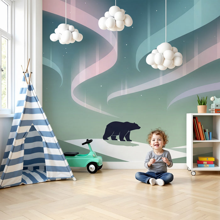Papier peint chambre enfant | Ours polaire sous les aurores boréales fond vert sauge