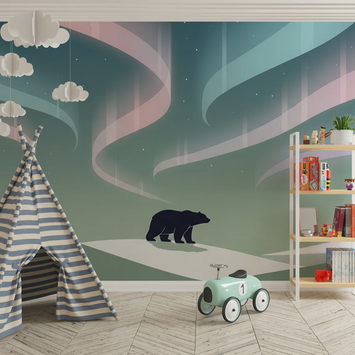 Papier peint chambre enfant | Ours polaire sous les aurores boréales fond vert sauge