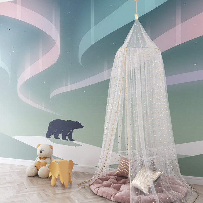 Papier peint chambre enfant | Ours polaire sous les aurores boréales fond vert sauge