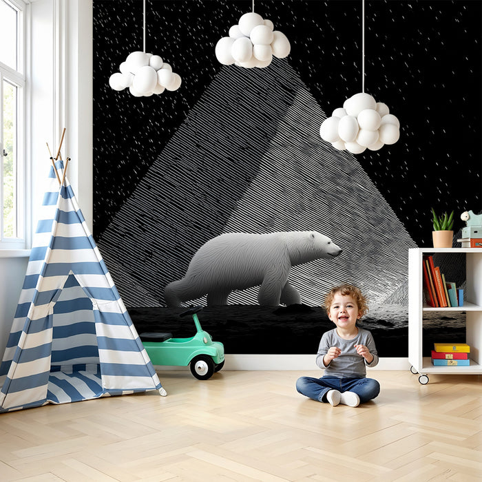 Behang kinderkamer | IJsbeer onder een sterrenhemel met geometrische bergen
