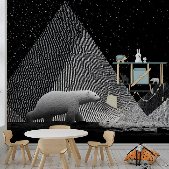 Behang kinderkamer | IJsbeer onder een sterrenhemel met geometrische bergen
