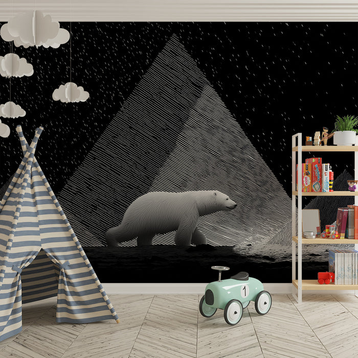 Behang kinderkamer | IJsbeer onder een sterrenhemel met geometrische bergen