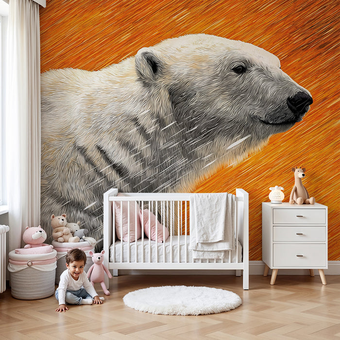 Kinderzimmer Tapete | Eisbär auf lebendigem orangefarbenem Hintergrund