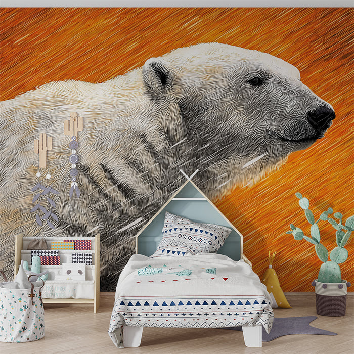 Kinderzimmer Tapete | Eisbär auf lebendigem orangefarbenem Hintergrund