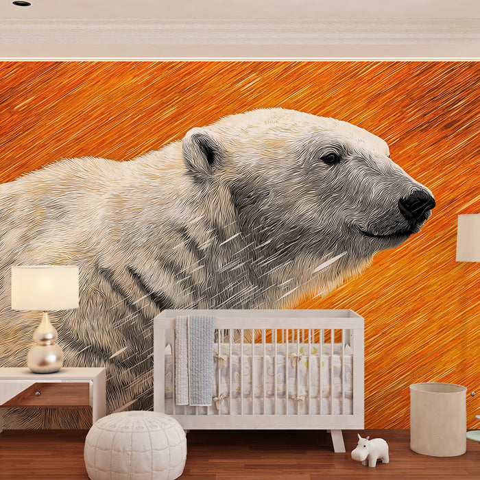 Kinderzimmer Tapete | Eisbär auf lebendigem orangefarbenem Hintergrund