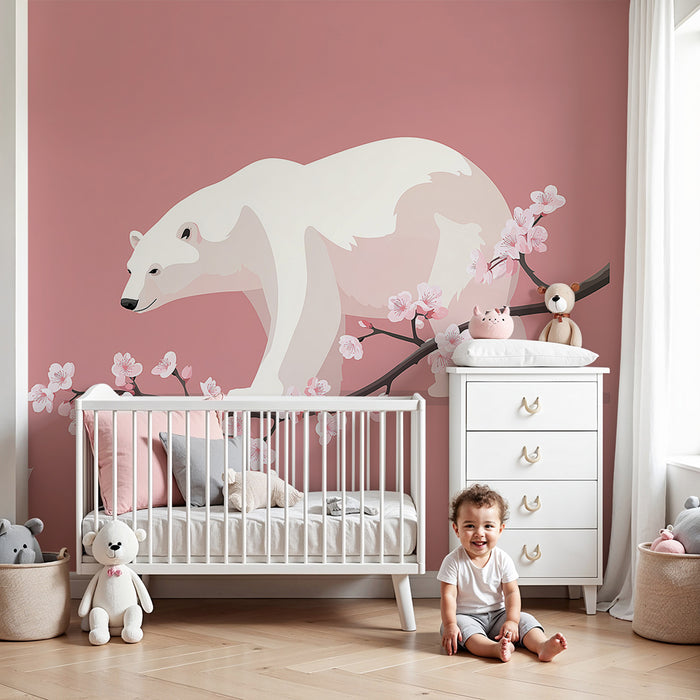 Kids room wallpaper | Polar bear on a cherry blossom branch