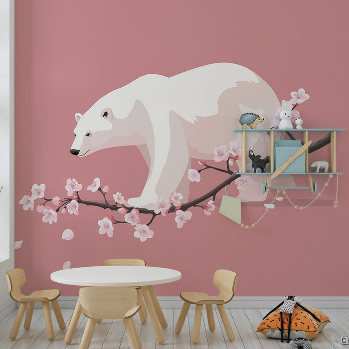 Kids room wallpaper | Polar bear on a cherry blossom branch