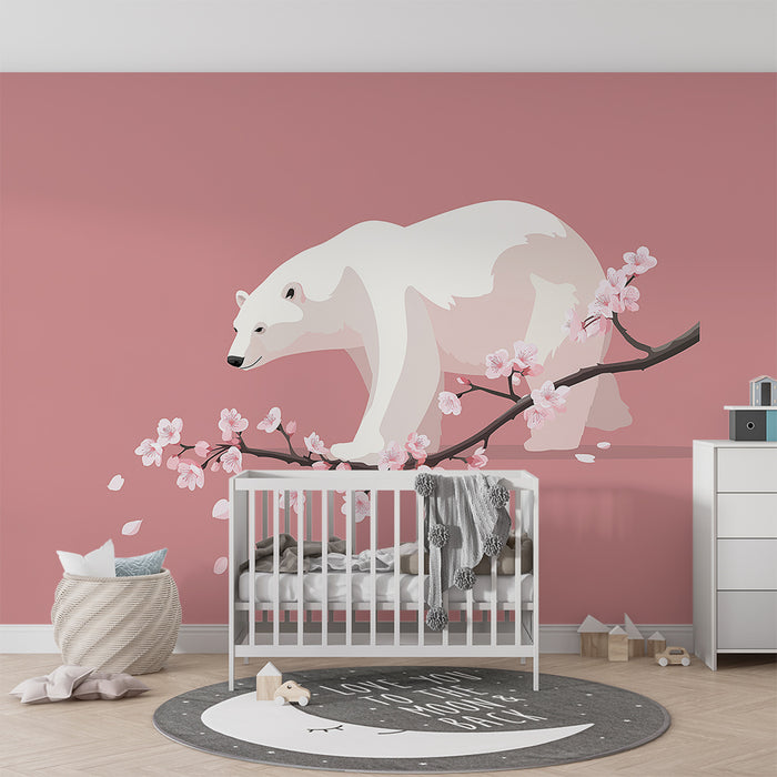 Kids room wallpaper | Polar bear on a cherry blossom branch