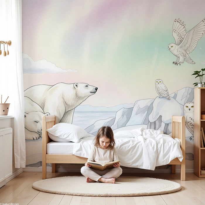 Papier peint chambre enfant | Ours polaires et hiboux des neiges