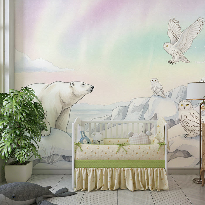 Papier peint chambre enfant | Ours polaires et hiboux des neiges