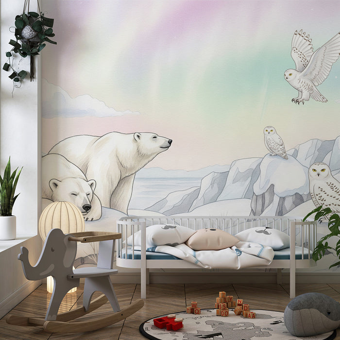 Papier peint chambre enfant | Ours polaires et hiboux des neiges