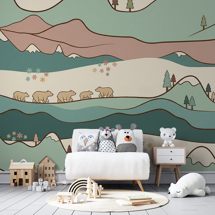 Kids' room wallpaper | Gentle-toned polar bears and mountain landscapes