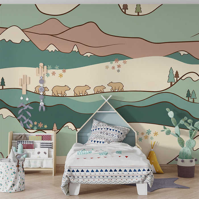 Kids' room wallpaper | Gentle-toned polar bears and mountain landscapes
