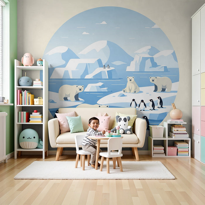 Papier peint chambre enfant | Ours polaires et pingouins dans un paysage glaciaire