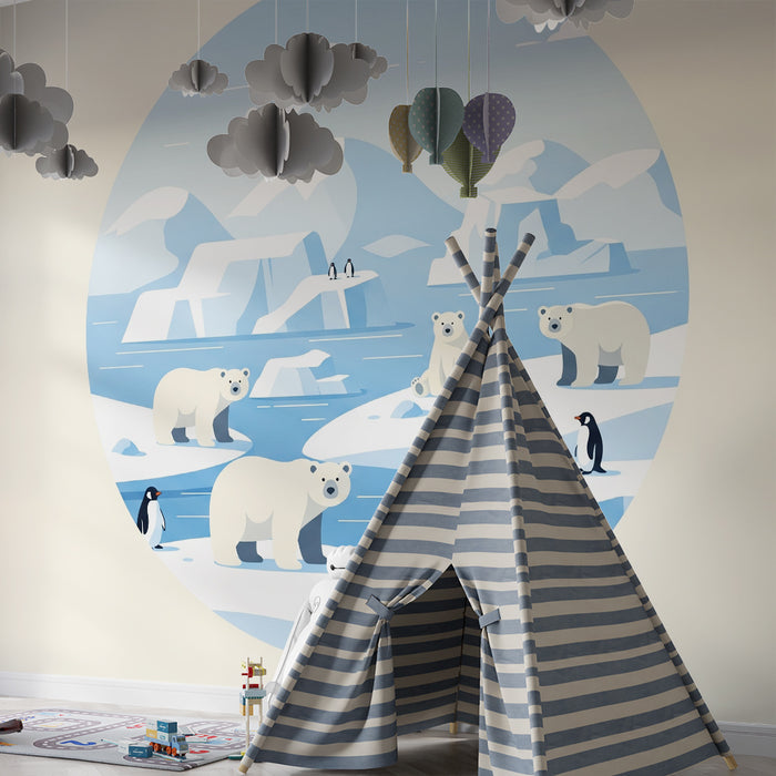 Papier peint chambre enfant | Ours polaires et pingouins dans un paysage glaciaire