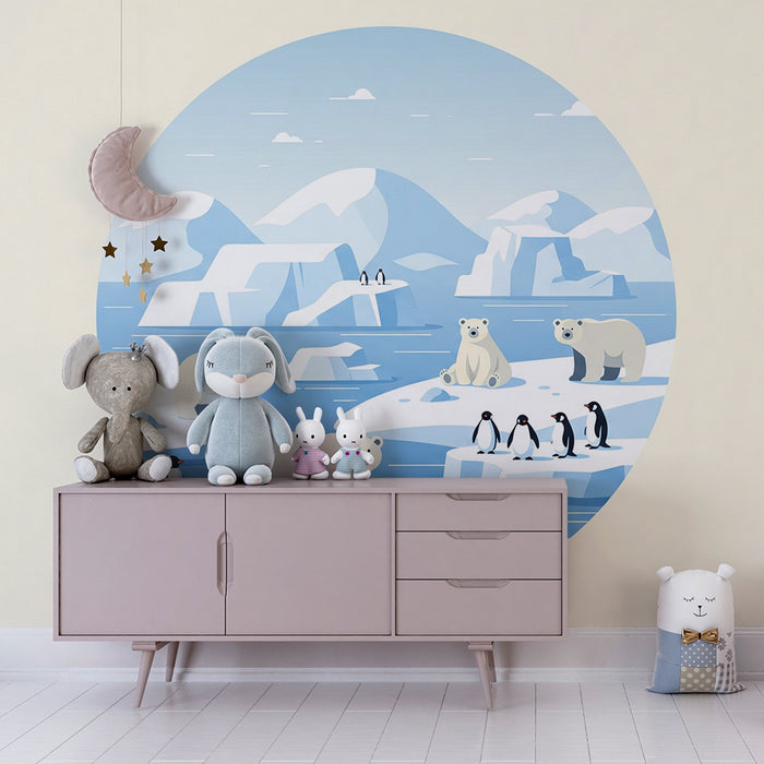 Papier peint chambre enfant | Ours polaires et pingouins dans un paysage glaciaire