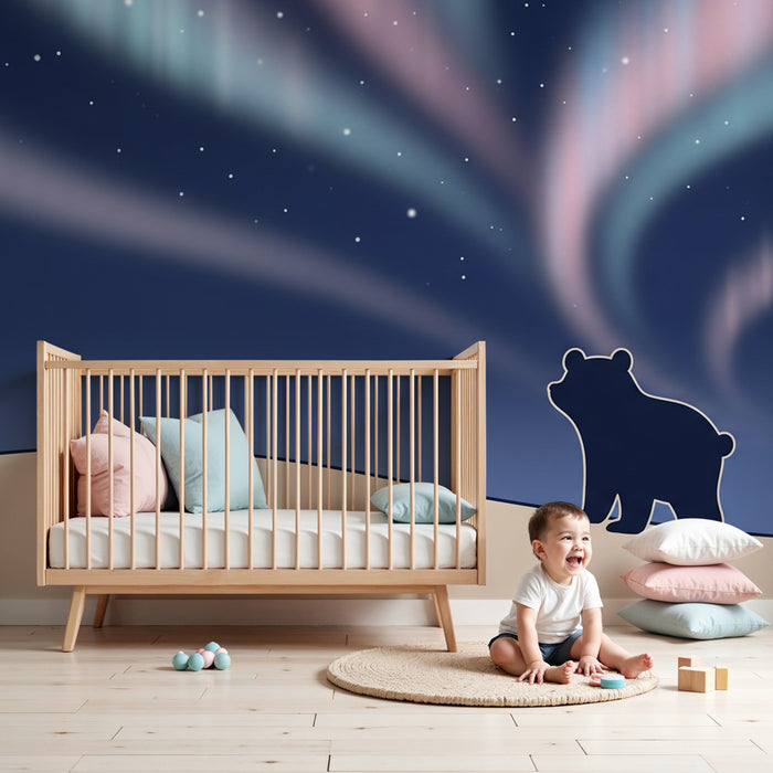 Carta da parati bambini | Orsi sotto l'aurora boreale