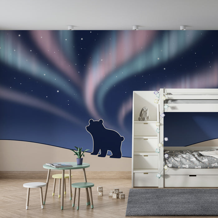 Carta da parati bambini | Orsi sotto l'aurora boreale