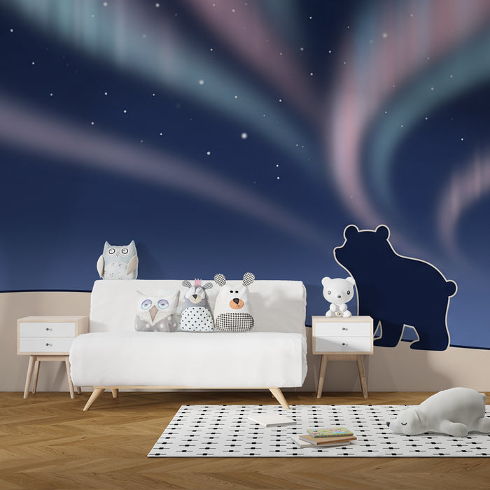 Carta da parati bambini | Orsi sotto l'aurora boreale