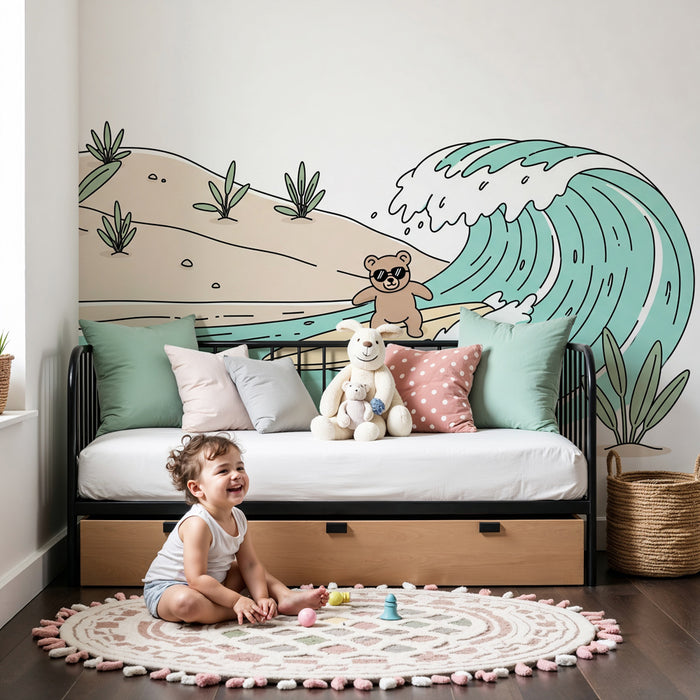 Papier peint chambre enfant | Ours sur une planche de surf